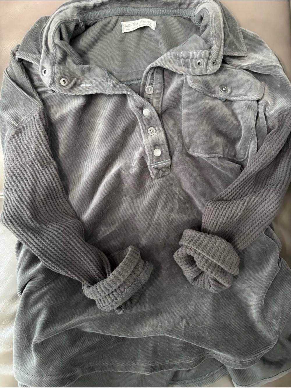 We The Free Gray Corduroy Body with Waffle-Knit Sleeve Pullover